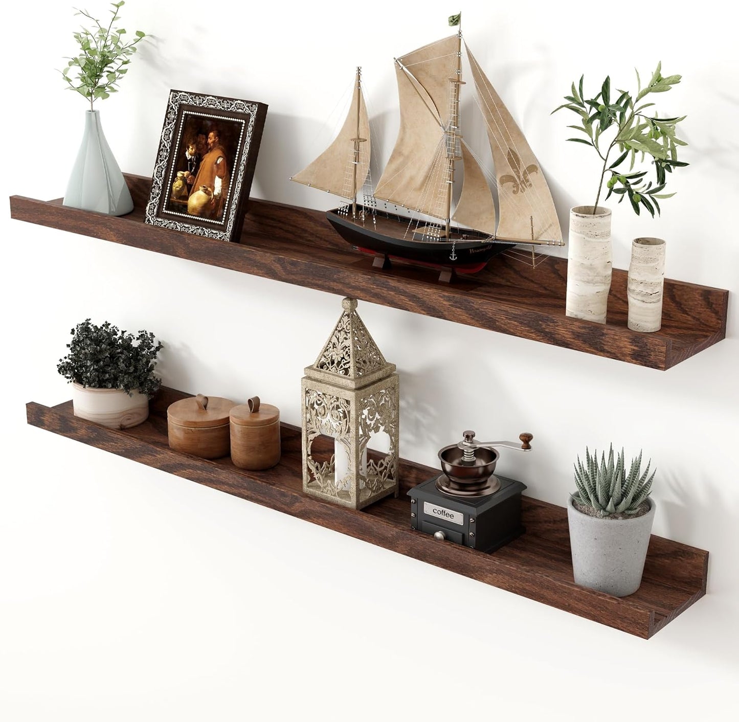 Axeman Oak Picture Ledge Shelf, 48 Inch Floating Shelves Set of 2, Solid Oak Wood Wall Shelves with Lip, Wall Decor Storage for Bedroom Living Room Bathroom Kitchen Nursery Photo Picture, Natural Oak
