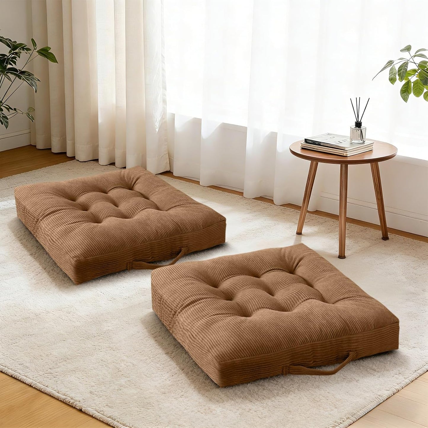 Floor Pillow Dark Grey Washable Floor Sitting Cushions 18x18 Inch 2-Pack, Meditation Yoga Pillows for Sitting on Floor Tufted Corduroy Seat Pads with Handle for Office Dining Room Seats
