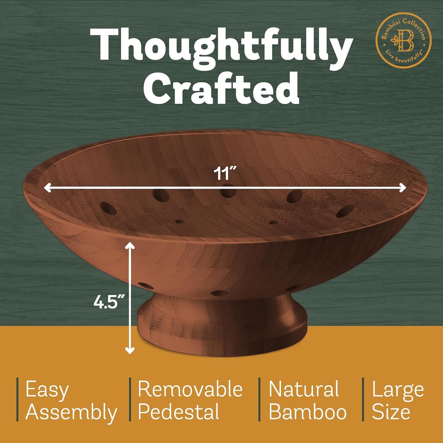Fruit Basket for Kitchen Counter - Fruit Bowl for Kitchen Counter, Bamboo Pedestal Fruit Basket with Ventilation Holes, Wooden Fruit Bowl for Fruit and Vegetable Storage, Decorative Frutero for Cocina