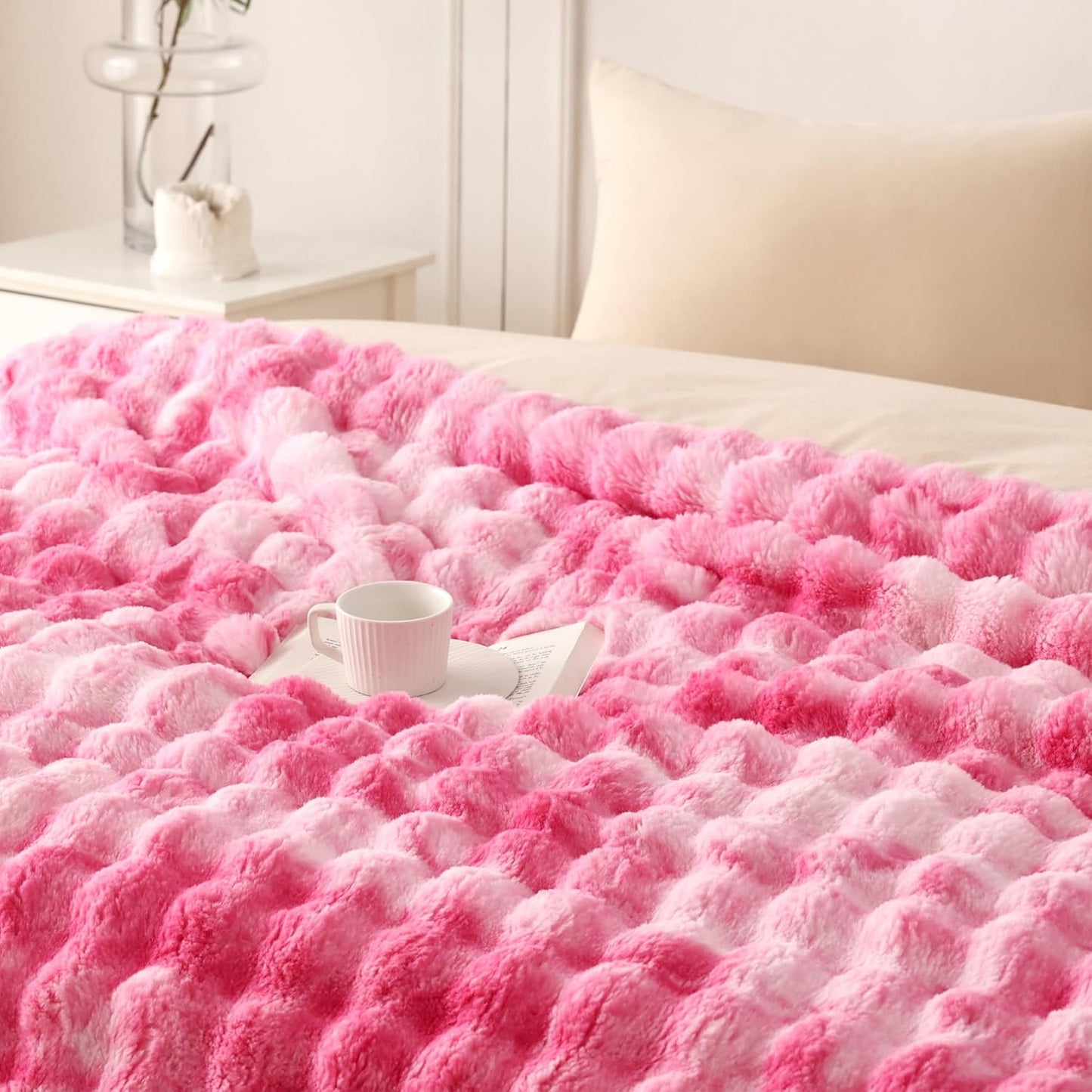 COOVA Faux Fur Throw Blanket for Couch, Cozy Soft and Fuzzy Plush Rabbit Fur Bubble Blanket for Sofa Bedroom Living Room, 50x60 Inches Tie Dye Brown