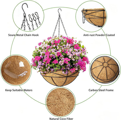 4 Pack 12 Inch Hanging Planters for Outdoor Plants Metal Watering Flower Baskets with Coco Liner for Outside Panting Plant Holder Pot for Home Garden Porch Balcony Railings Decor