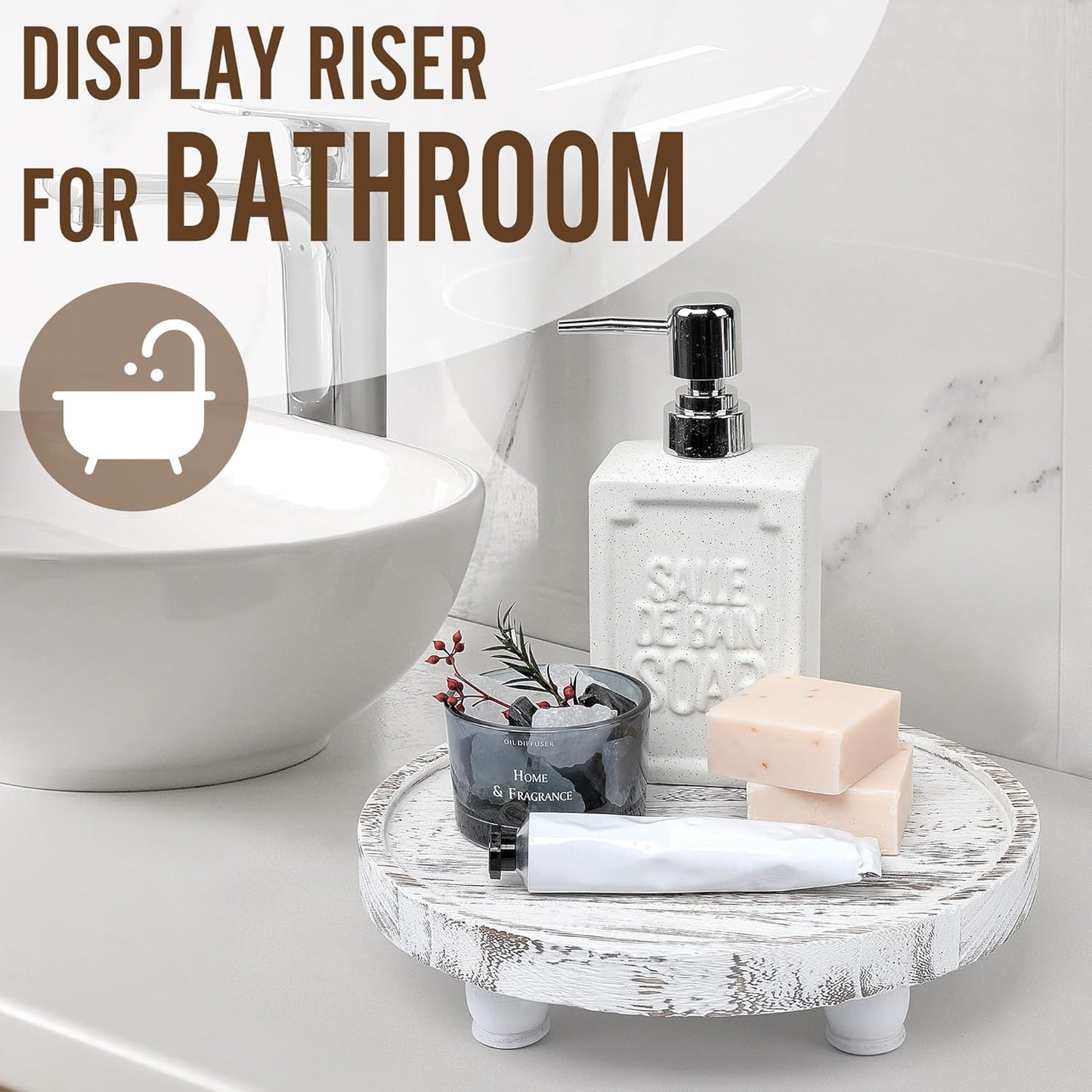 Tikea Farmhouse Wood Display Riser, 10 in. Farmhouse Pedestal Stand for Kitchen Bathroom Counter Decor, Round Display Tray for Soap Dispenser and Plant (Brown)