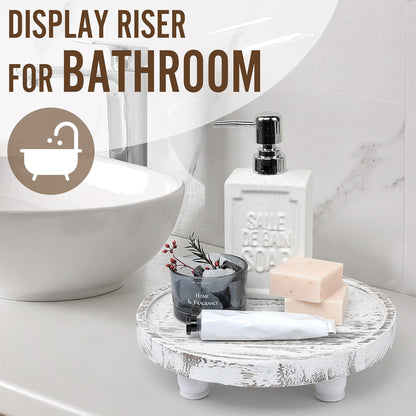 Tikea Farmhouse Wood Display Riser, 10 in. Farmhouse Pedestal Stand for Kitchen Bathroom Counter Decor, Round Display Tray for Soap Dispenser and Plant (Brown)