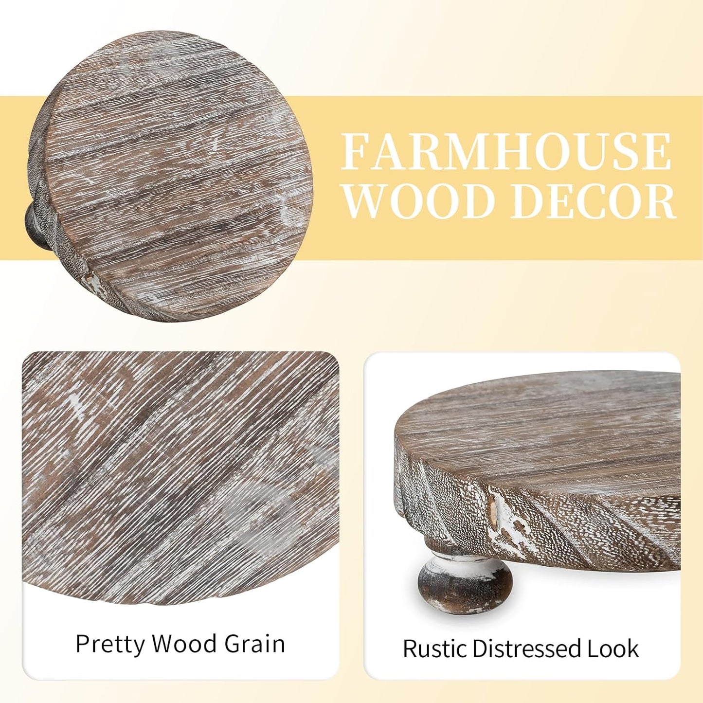 Romadedi Farmhouse Wood Riser for Display- 2 pcs Rustic Decor Mini Wooden Pedestal Decorative Round Tray for Home Table Bathroom Counter Shelf Kitchen, Brown