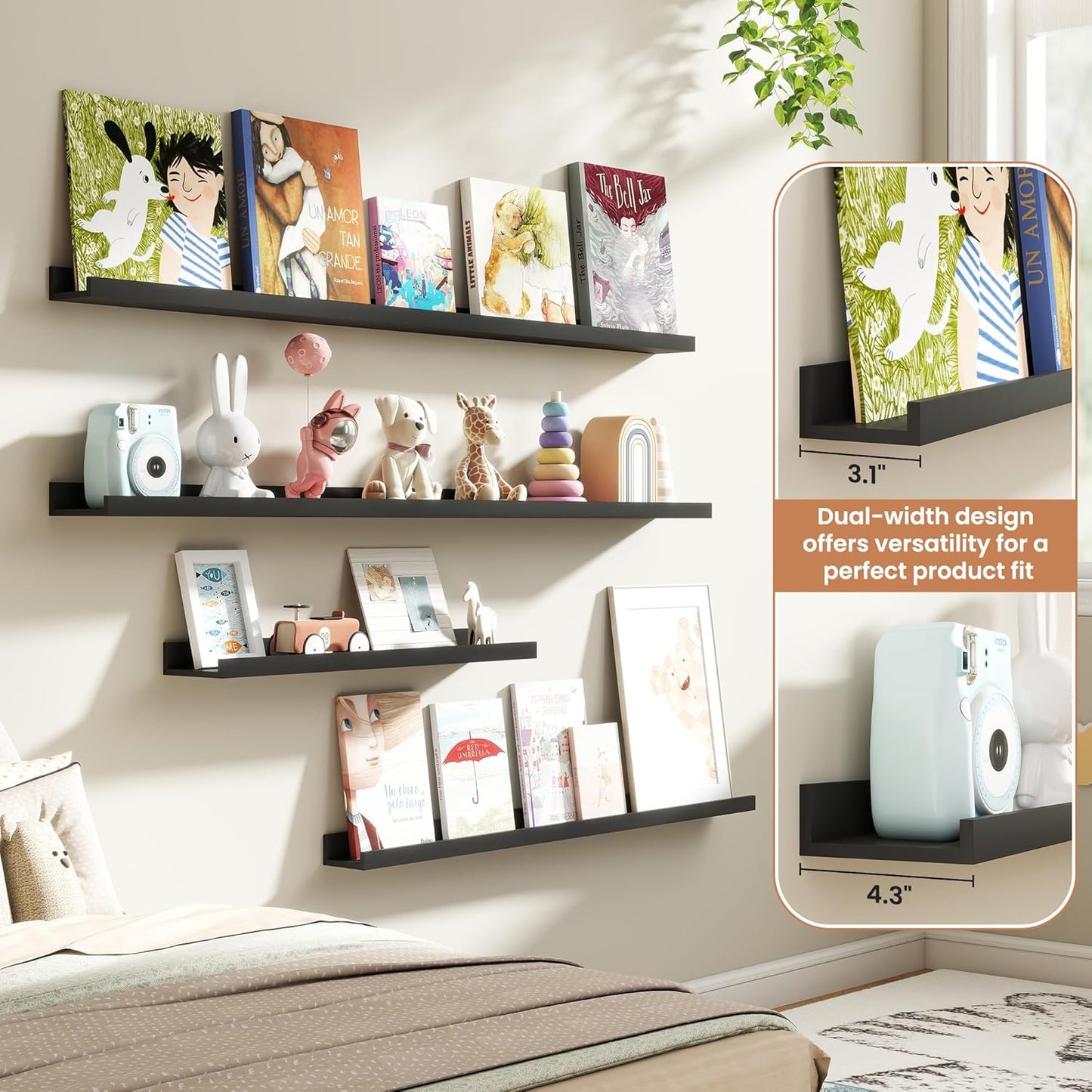 Fun Memories Picture Ledge Shelves Set of 2, 32 Inch Rustic Wall Mounted Floating Shelves with Lip for Home Storage and Décor in Bathroom, Kitchen, Nursery, Bedroom, Living Room, Walnut
