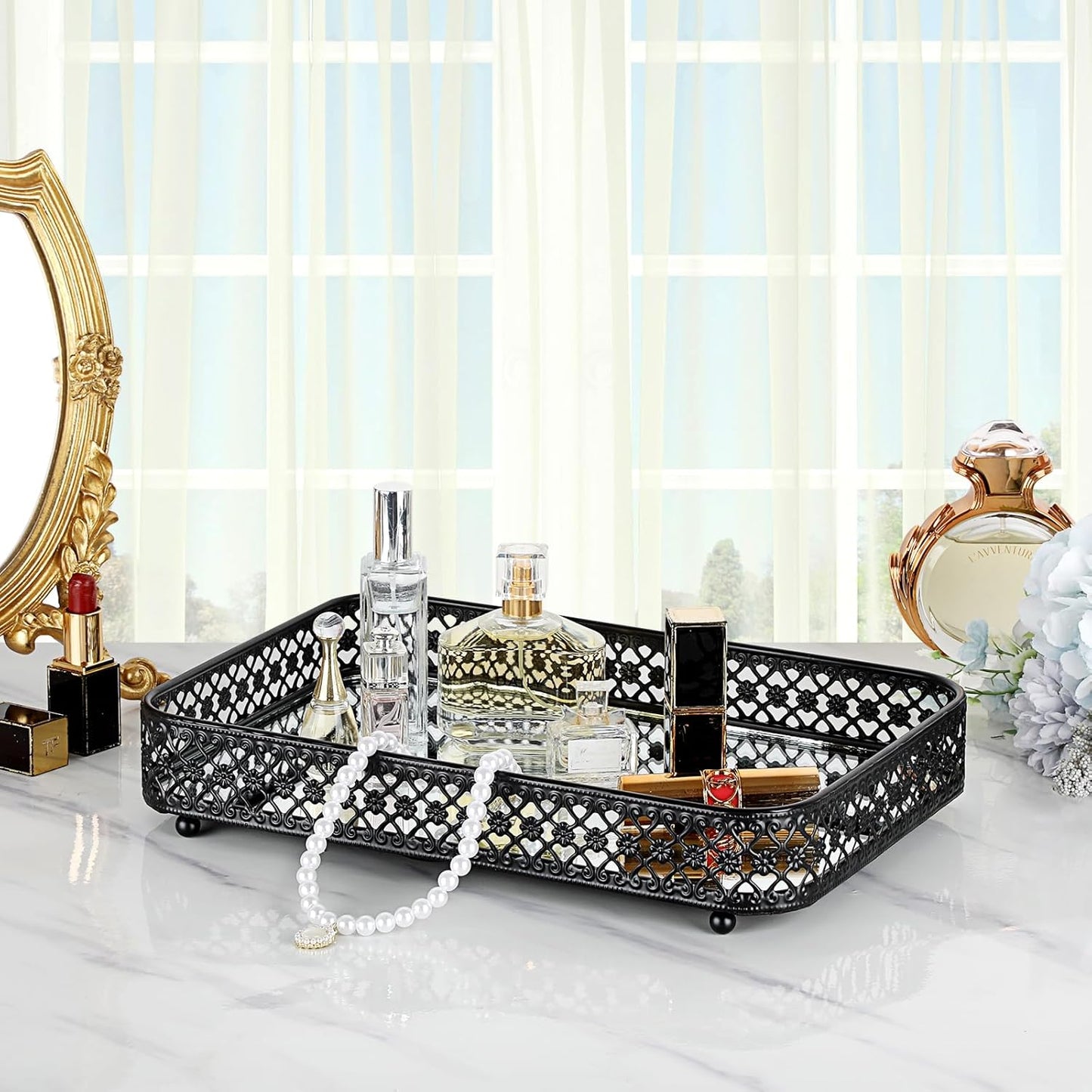 ELLDOO Perfume & Makeup Vanity Tray - Hollow-Carved Jewelry Storage, Glass & Metal Trinket Organizer for Dresser & Bathroom Countertop, Gold, Medium Size