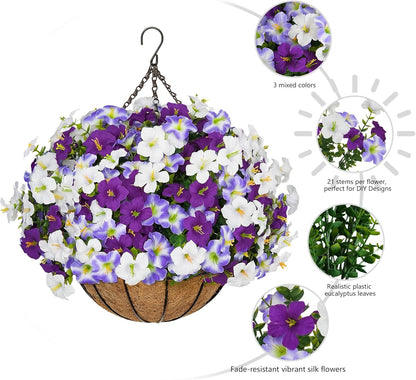 2 Set Artificial Hanging Flowers with Basket for Outdoor Spring Summer Decor, 2 Hanging Planters with 24 Pcs Silk Daisy Flowers for Garden Porch Patio Balcony Decoration