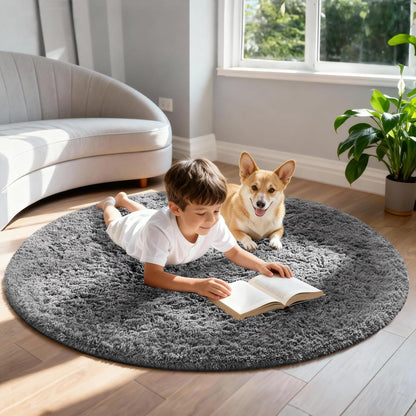 Ophanie Round Rugs 5Ft Ivory Circle Area Rug, Nursery Room Decor, Christmas Aesthetic Bedroom Home Circular Carpet 5 Foot, Fluffy Fuzzy Shag Plush Cream Living Room Rugs for Kids Boys Girls Teen Baby