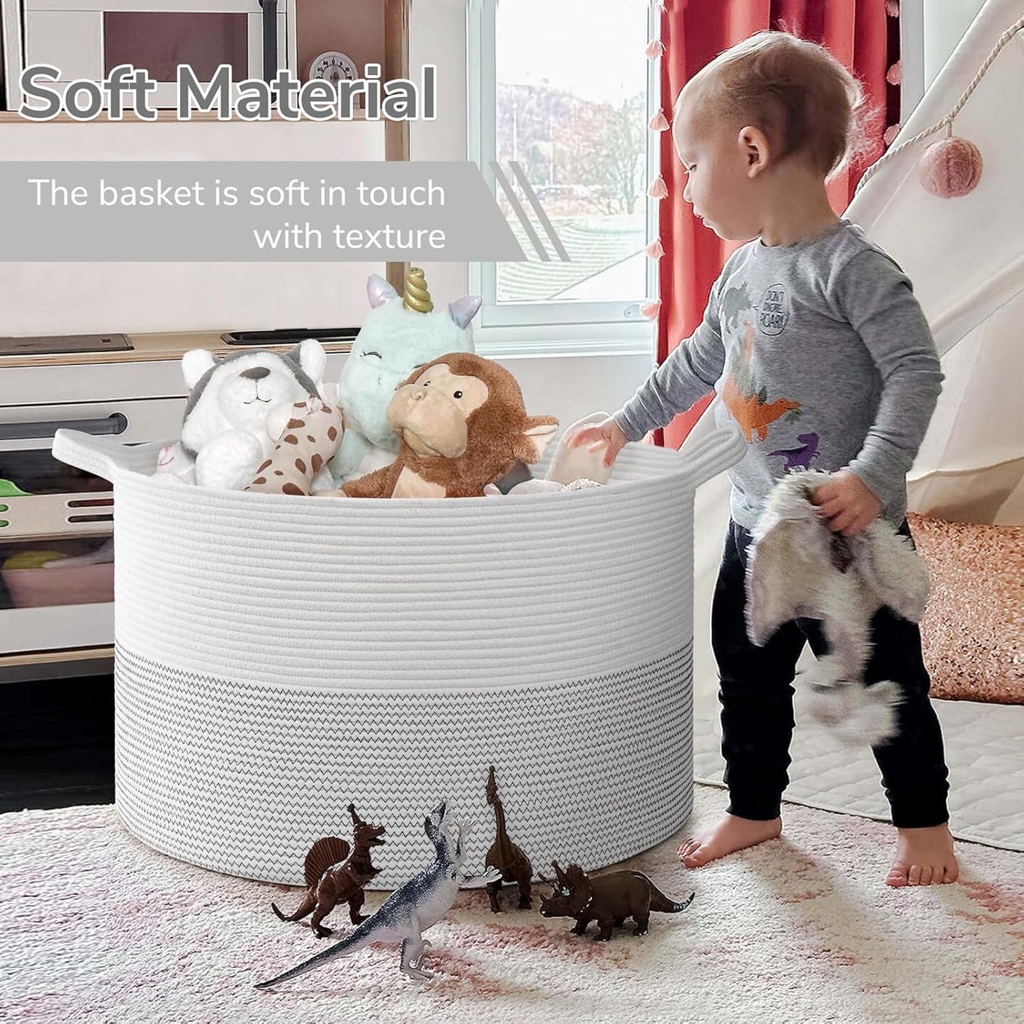 INDRESSME XXXLarge Blanket Basket for Living Room 21.7" x 21.7" x 13.8"-Storage Basket with Handle for Organizing Toy Pillows Woven Cotton Rope Laundry Basket Stuffed Animal Toy Storage for Play Room