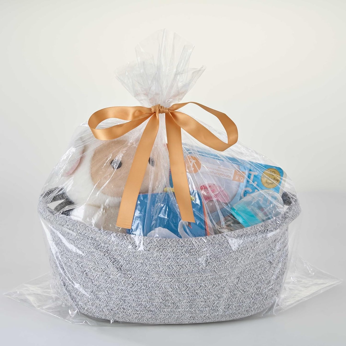 Small Woven Gift Basket Empty with Bag & Ribbon - Gifts for Mom, Baby Shower, Birthdays & Raffle - Cotton Rope Storage Basket for Dog Toys or Shelf - 12"x8"x5", White