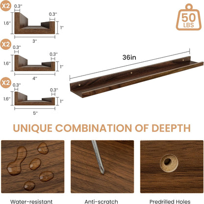 Acovy Picture Ledge Shelf Set of 6, 48 inch Long Large Floating Shelves for Wall with Lip, Wall Mounted Shelves for Living Room, Bedroom, Bathroom, Kitchen, Nursery,Oak