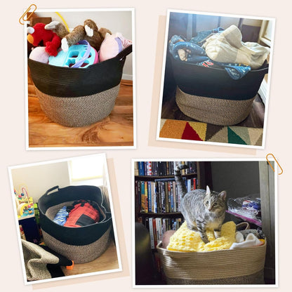 INDRESSME XXXLarge Blanket Basket for Living Room 21.7" x 21.7" x 13.8"-Storage Basket with Handle for Organizing Toy Pillows Woven Cotton Rope Laundry Basket Stuffed Animal Toy Storage for Play Room