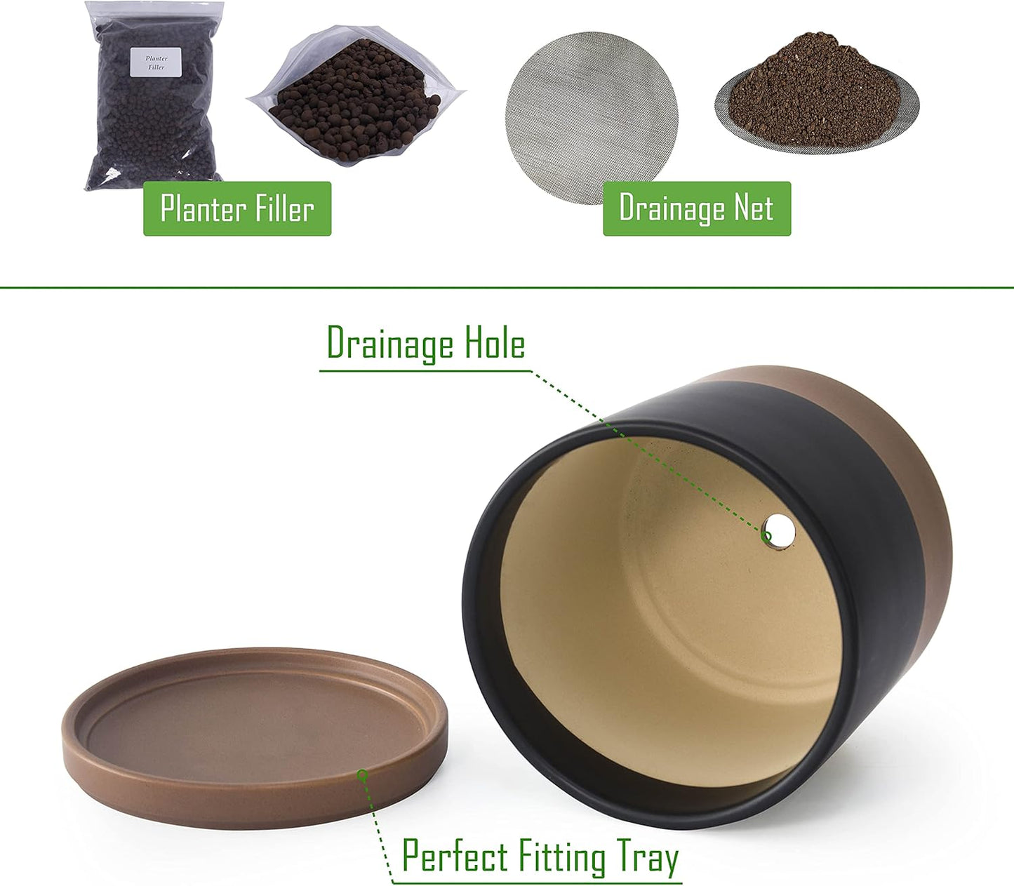D'vine Dev 6.5 Inch Ceramic Planter Pot with Drainage Hole and Saucer, Indoor Cylinder Round Planter Pot, Olive, 94-O-C-J