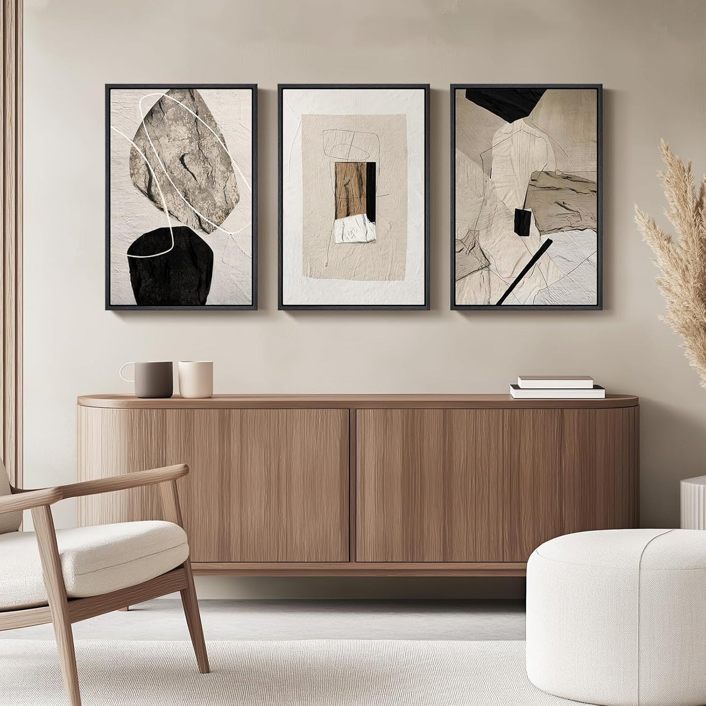 Large Framed Neutral Abstract Wall Art for Living Room, 3 Piece Modern Canvas Prints Paintings Artwork for Walls, Black and Beige Pictures for Living Room Hallway Stair Office Wall Decor 24x36 Inch