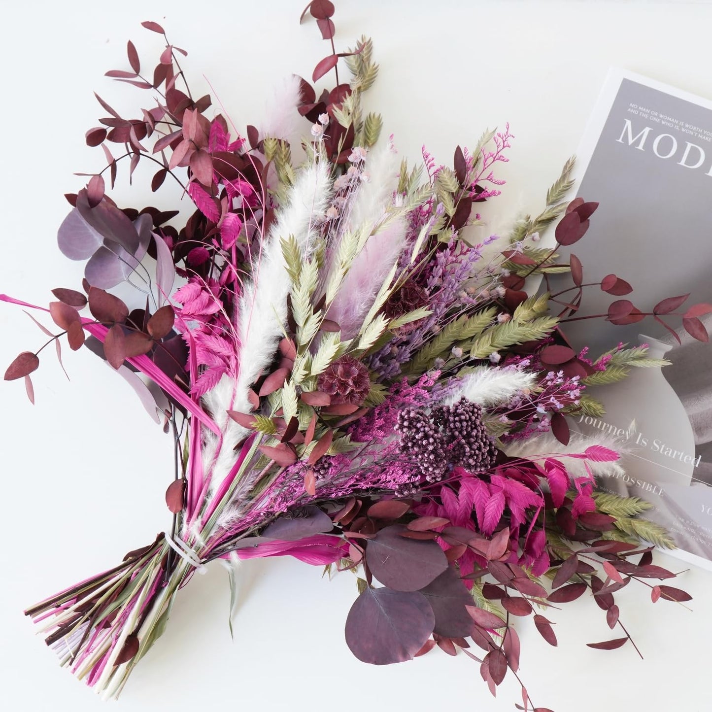 Blush Pink & Burgundy Dried Flower Bouquet, Cream Pampas Grass with Sage Green & Eucalyptus, Boho Dried Flowers for Wedding, Home Décor