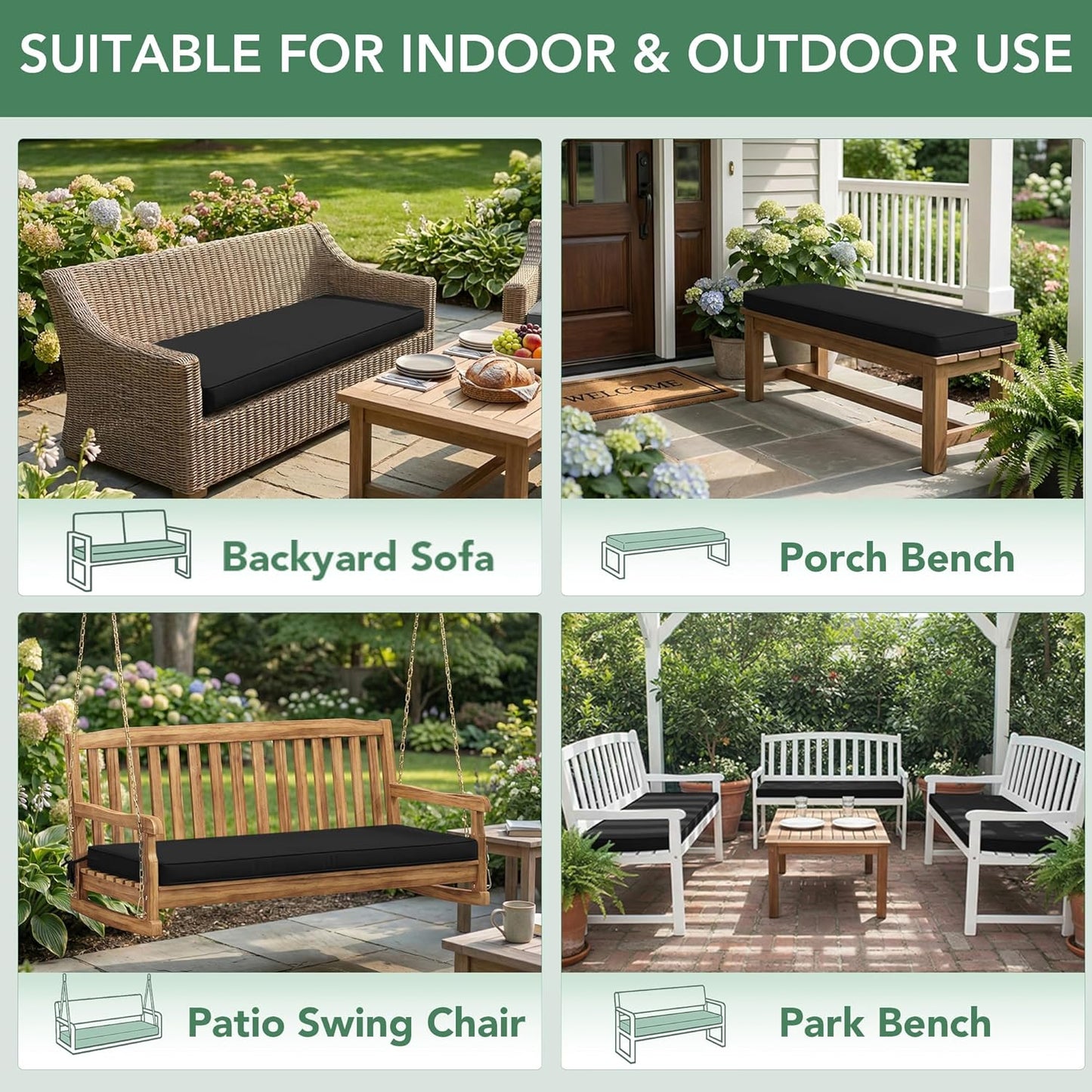 Summsun Outdoor Bench Cushion: Waterproof and Fade Resistant Patio Furniture Cushions - Non-Slip Bench Pad Cushion with Removable Cover for Garden Swing Porch Sofa Settee, 48 x 18 x 3 Inch, Black