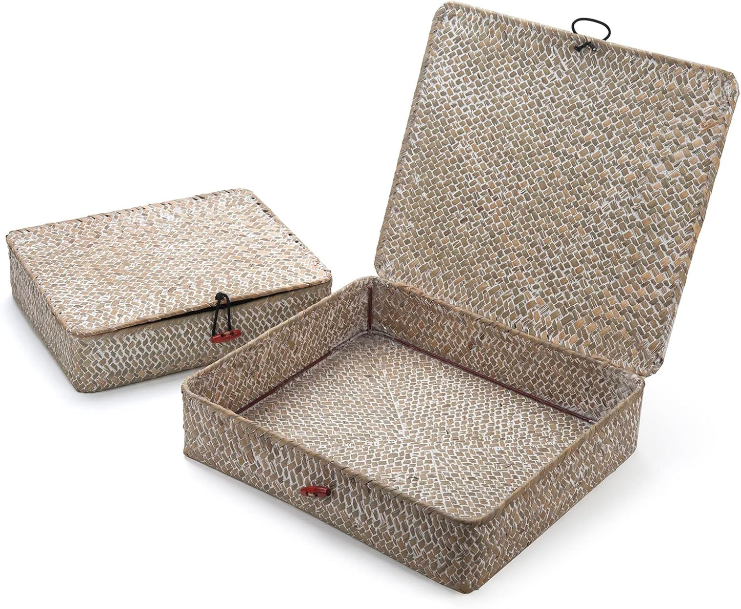 Seagrass Storage Basket Box with Lid Rectangular Woven Shelf Baskets Bins for Organize Snack Toys Set of 2 Natural Decorative(Large+Small)
