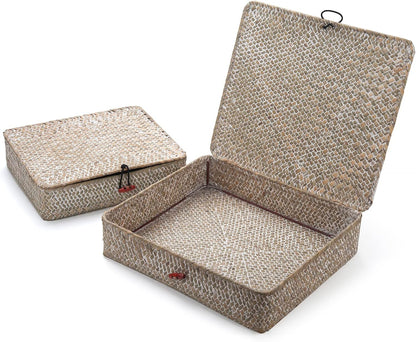 Seagrass Storage Basket Box with Lid Rectangular Woven Shelf Baskets Bins for Organize Snack Toys Set of 2 Natural Decorative(Large+Small)