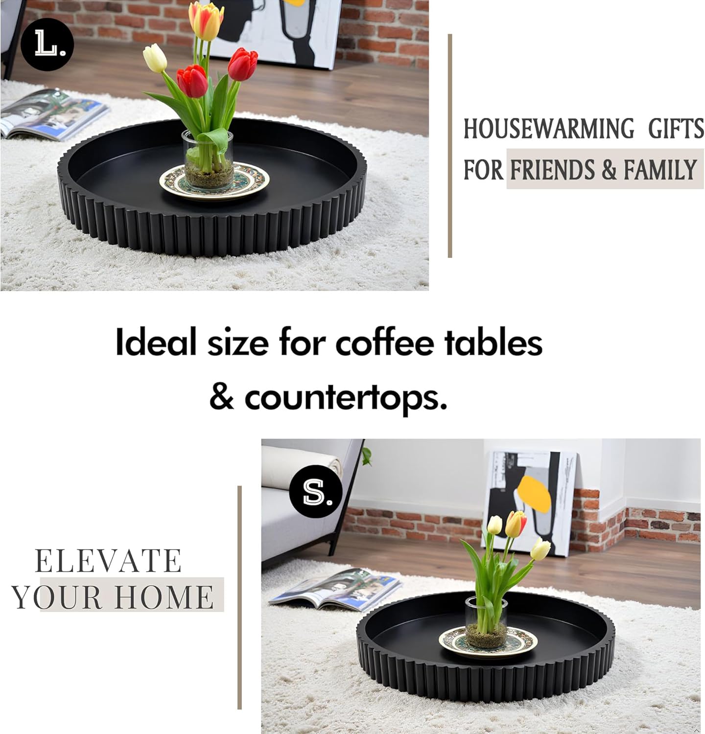 Modern Table Round Decorative Trays 2pcs Home Decor - Circle Coffee Table Centerpiece Set 12"/10" - Wooden Cool Grey Ottoman Tray with Fluted Edge