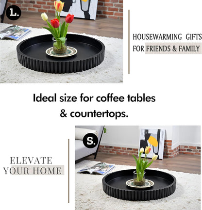 Modern Table Round Decorative Trays 2pcs Home Decor - Circle Coffee Table Centerpiece Set 12"/10" - Wooden Cool Grey Ottoman Tray with Fluted Edge