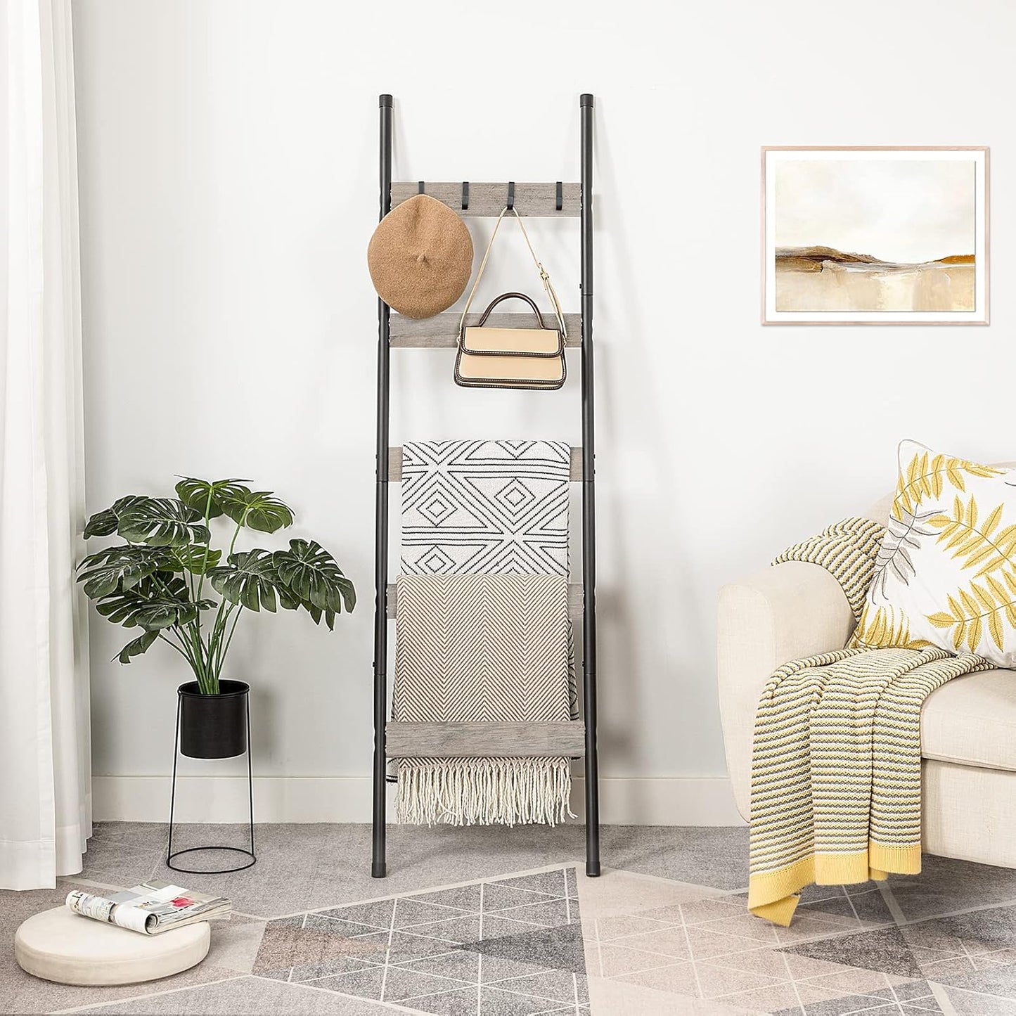 HOOBRO Blanket Ladder, 5-Tier Towel Rack with Hooks, Wall-Leaning Blanket Rack, Decorative Display Ladder Shelf, for Scarves, Industrial, Living Room, Bedroom, Rustic Brown and Black BF52CJ01