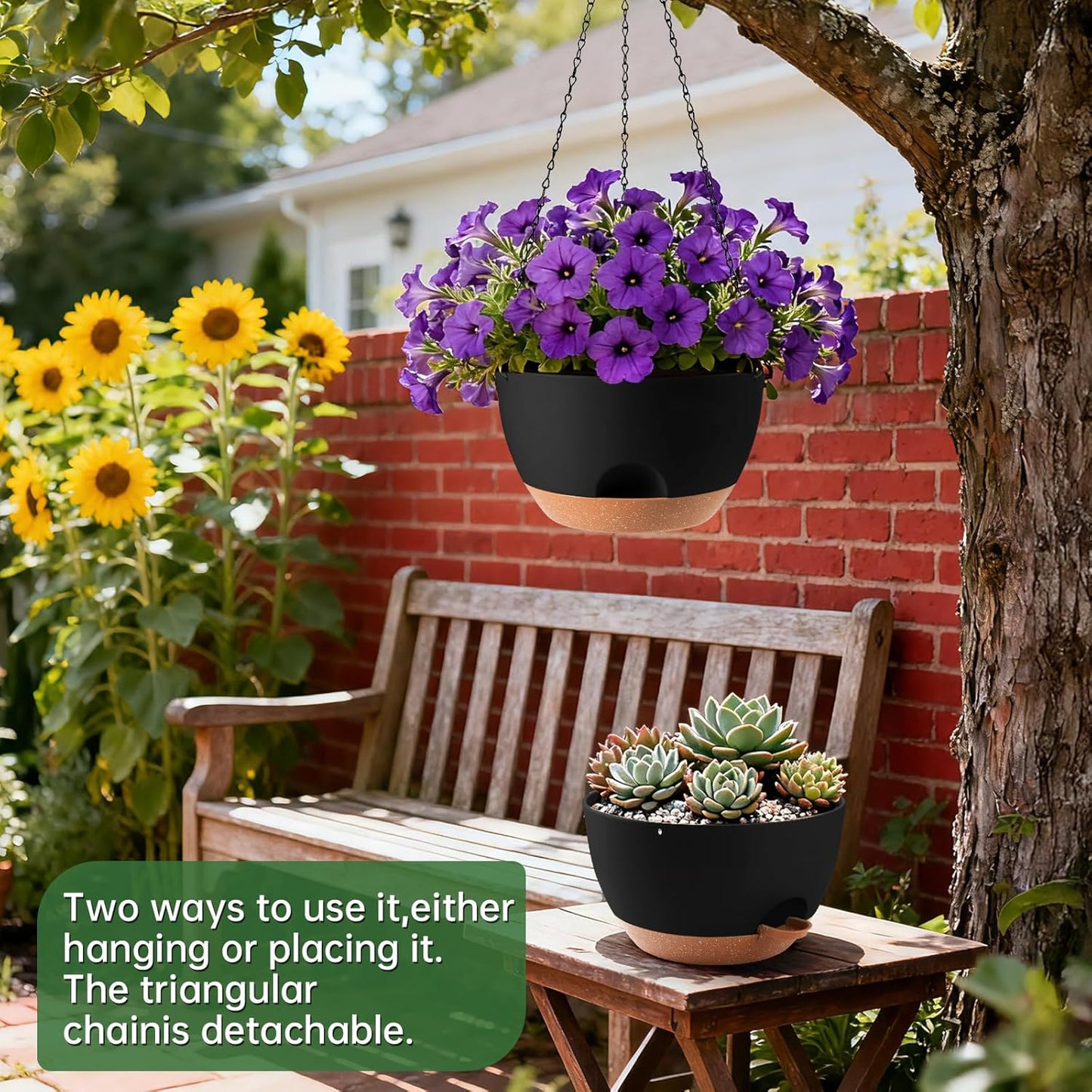 3-Piece Set of 10-Inch Hanging Planters with Automatic Watering System and Drip Tray, Includes Metal Chain, Suitable for Various Indoor and Outdoor Plants and Flowers, Green Brown