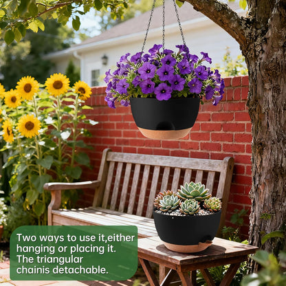 3-Piece Set of 10-Inch Hanging Planters with Automatic Watering System and Drip Tray, Includes Metal Chain, Suitable for Various Indoor and Outdoor Plants and Flowers, Green Brown