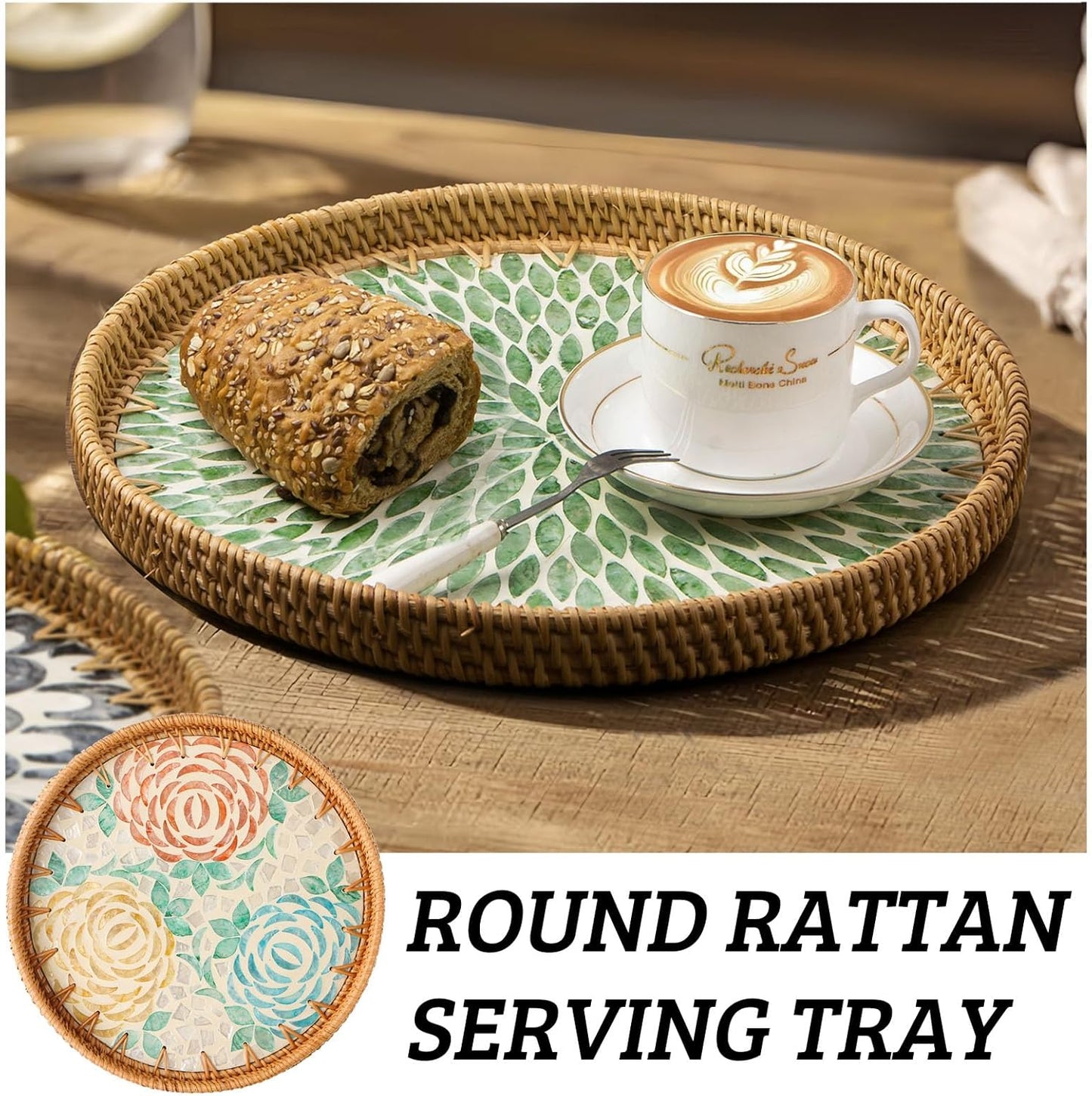 Round Rattan Tray with Mother of Pearl Inlay, Decorative Wicker Serving Tray with Wooden Base, Woven Basket Trays for Bread Fruits Coffee, Leaf