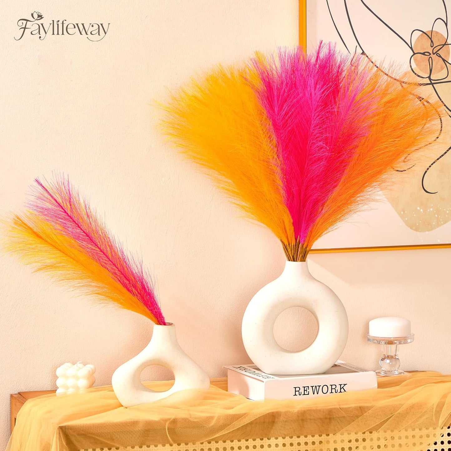 50pcs Pampas Grass 17in for Living Room Decor, Blush Pink Pampas Grass Decor, Fluffy Pink Flowers for Home Birthday Bathroom Baby Shower Wall Bow Decor(Blush & Cream & Pink)
