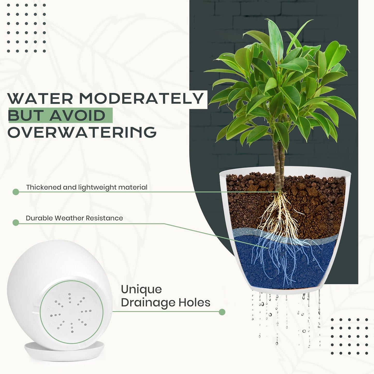 Utopia Home Plant Pots Indoor with Drainage Holes – Set of 5 White Plastic Flower Pots (7/6.6/6/5.3/4.8 Inch) – Modern Planters for Indoor Plants, Room & Office Décor, Great Stocking Stuffers