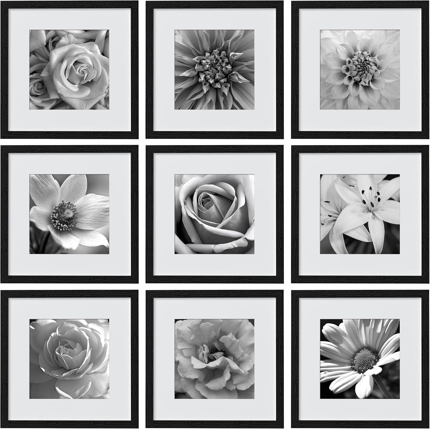 eletecpro 12x12 Picture Frames Set of 9 with Clear Acrylic Cover, Display 8x8 Photos with Mat or 12x12 Without, Classic and Sturdy Square Collage Gallery Wall Decor, Easy Wall Mount, Black