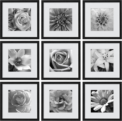 eletecpro 12x12 Picture Frames Set of 9 with Clear Acrylic Cover, Display 8x8 Photos with Mat or 12x12 Without, Classic and Sturdy Square Collage Gallery Wall Decor, Easy Wall Mount, Black
