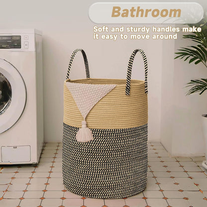 JMvicyroam Large Woven Laundry Basket Hamper,60L Cotton Rope Storage Bin for Blankets,Toys and Clothes,Decorative Tall Nursery Hamper for Living Room,Baby Nursery,Bathroom and Bedroom,Brown