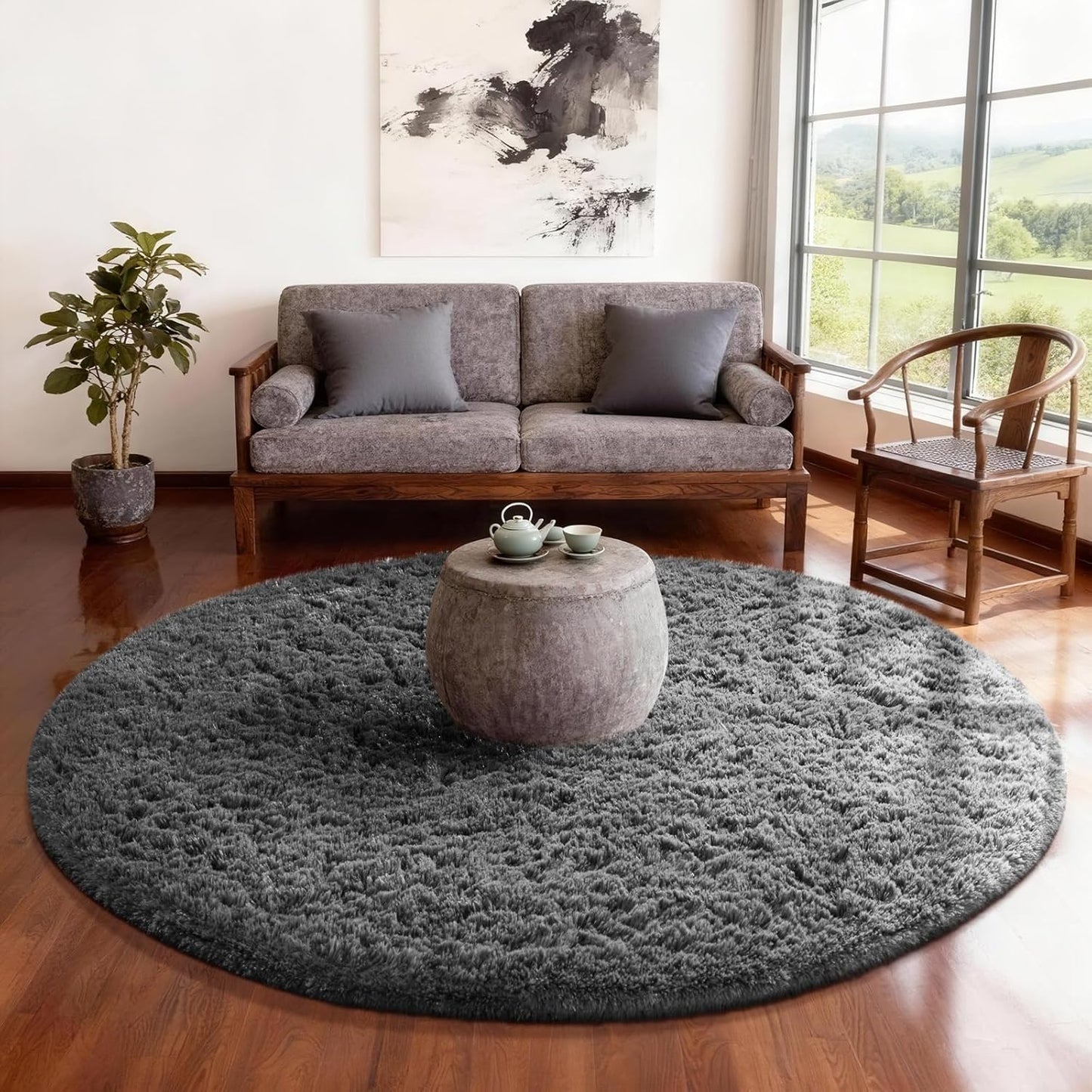 Ophanie Round Rugs 5Ft Ivory Circle Area Rug, Nursery Room Decor, Christmas Aesthetic Bedroom Home Circular Carpet 5 Foot, Fluffy Fuzzy Shag Plush Cream Living Room Rugs for Kids Boys Girls Teen Baby