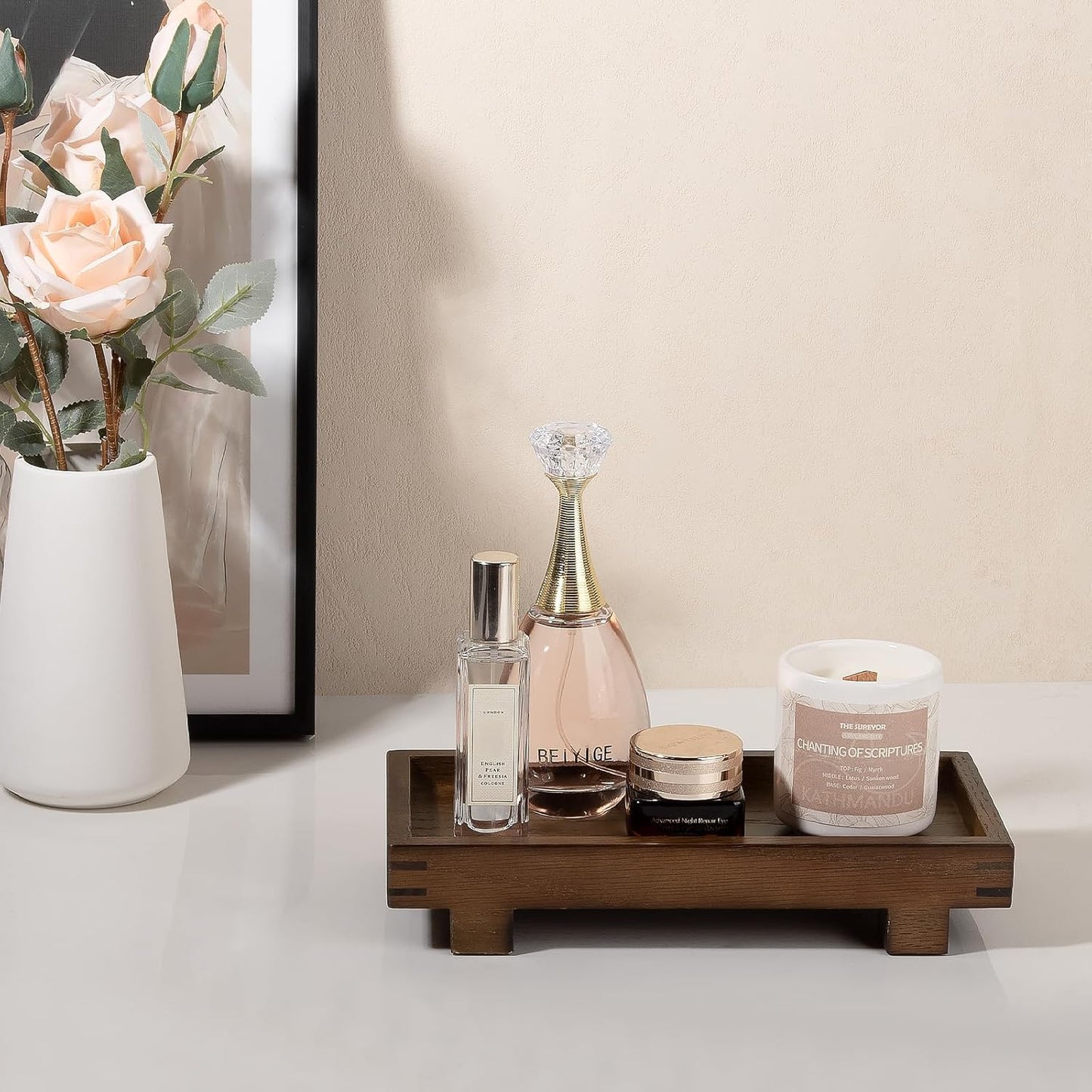 Decorative Tray Small Pedestal Stand Farmhouse Bathroom Decor Wooden Riser Display Stand for Vanity, Kitchen Countertop, Sink, 9.4 * 4.7 White
