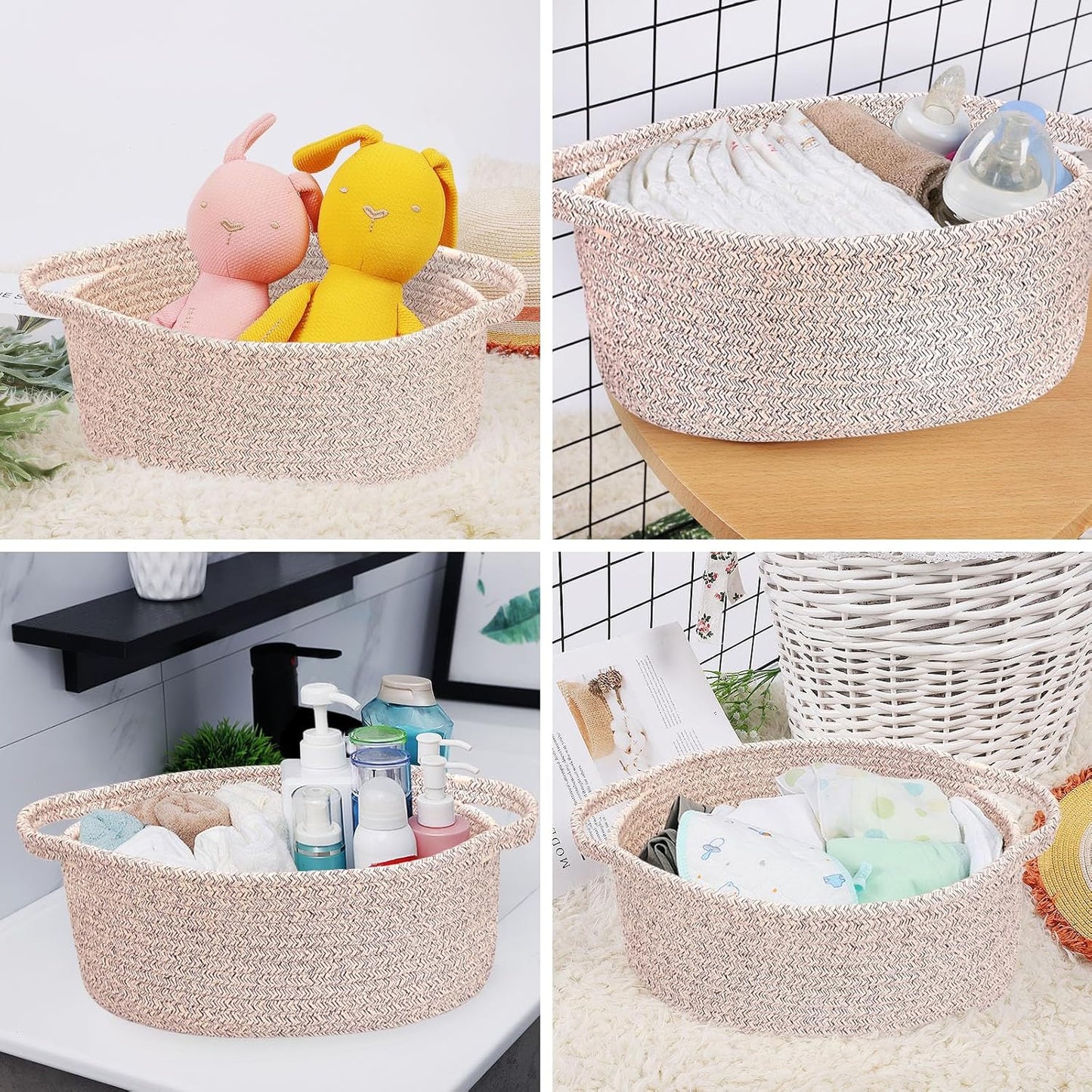 ABenkle Small Basket with Handles, Boho Decorative Rope Woven Dog Cat Toy Storage Bin Shelf Storage Organizer, Easter Christmas Gift Basket, 12"x8"x5", White