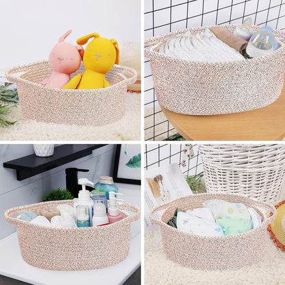 ABenkle Small Basket with Handles, Boho Decorative Rope Woven Dog Cat Toy Storage Bin Shelf Storage Organizer, Easter Christmas Gift Basket, 12"x8"x5", White