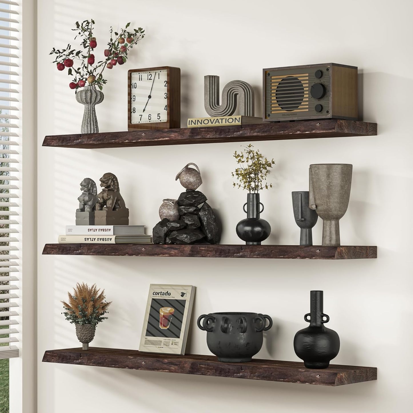 Floating Shelves 36 Inches Long - 8 Inch Deep Rustic Premium Solid Pine Wood for Storage - Farmhouse Wall Mounted for Living Room - Heavy-Duty Metal Bracket - 36" W x 8" D - Set of 2 - White Color