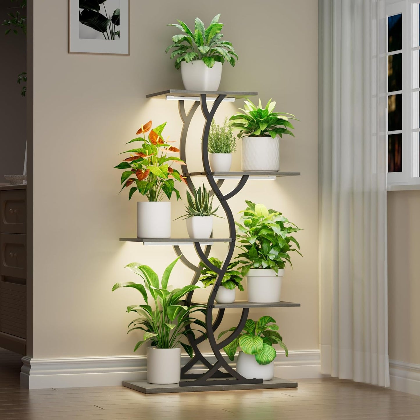 Plant Stand Indoor with Grow Lights - 44" Tall Corner Plant Stands for Indoor Plants, 5 Tiered Metal Plant Shelf, Curved Plant Flower Holder Dispaly Rack for Living Room, Home Patio Balcony (Black)