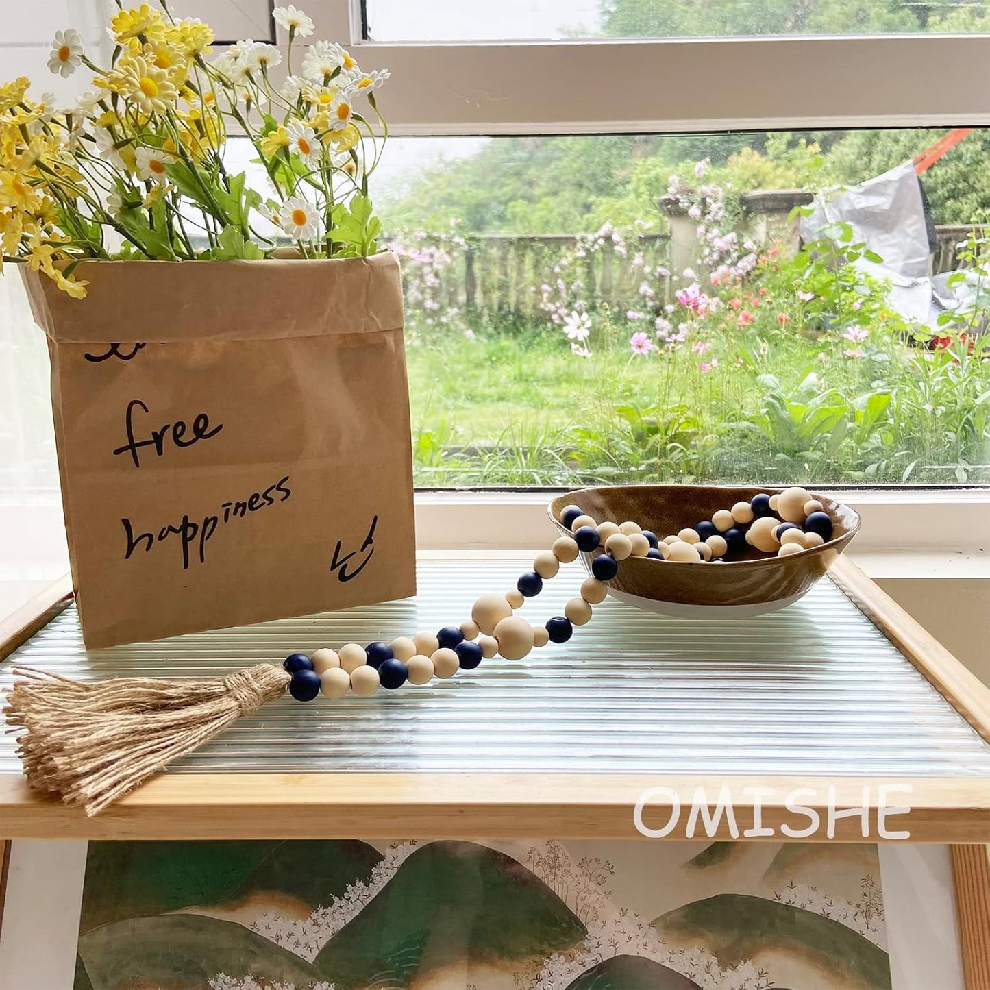 OMISHE Wood Bead Garland with Tassels 61 Inches, Boho Decorative Beads, Farmhouse Beads Garland for Home Tiered Tray Decor, Beige Gray