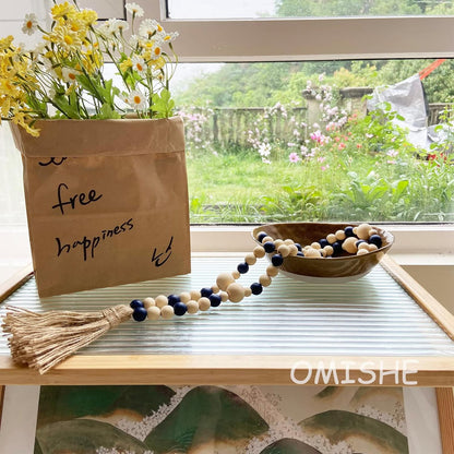 OMISHE Wood Bead Garland with Tassels 61 Inches, Boho Decorative Beads, Farmhouse Beads Garland for Home Tiered Tray Decor, Beige Gray