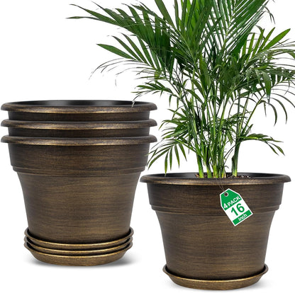 Fodetyff 10 Inch Planters Plant Pots Indoor Outdoor, 4 Pack Plastic Flower Pot for Indoor Plants with Drainage Holes & Trays, Resin Decorative Container Sets with Saucer for House Garden Copper
