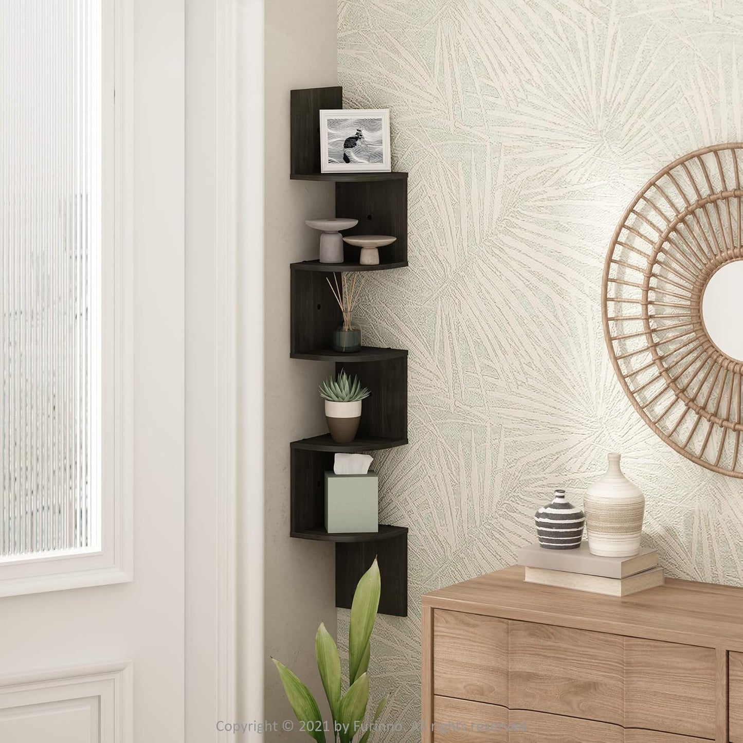 Furinno Rossi 5-Tier Wall Mount Floating Radial Corner Shelf, White