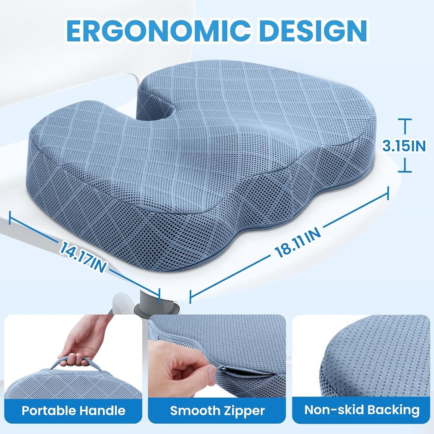 TushGuard Seat Cushion - Memory Foam Cushion for Office Chair, Car Seat, Airplane, Bleacher - Sciatica & Hip & Coccyx Pain Relief Desk Chair Cushion for Long Sitting Office Workers, Car Drivers