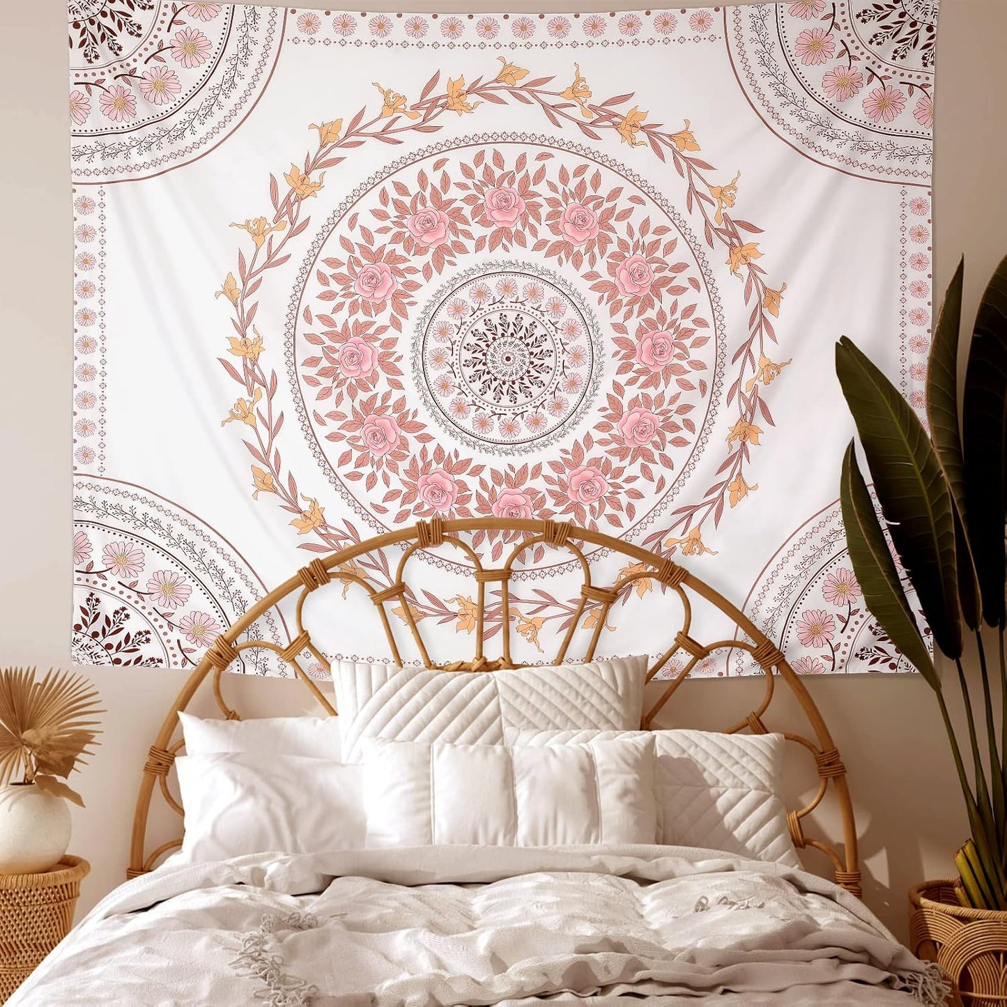 Wall Tapestry for Bedroom Aesthetic Pink Mandala Wall Hanging Large Boho Trippy Tapestries Bohemian Art Tapistry Hippie Floral Tapastry Decor For Bedroom Ceiling Living Room Dorm (60ʺ × 60ʺ)