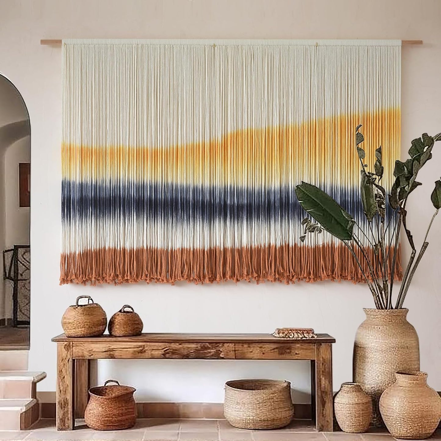 Flber Macrame Wall Hanging Macrame Wall Decor Large-Scale Tie-Dye Tapestry Living Home Room Wall Decor 57" Wx 35" L