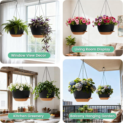 UOUZ 13 Inch 2 Pack Large Self Watering Hanging Planters for Indoor Outdoor Plants, Hanging Plant Pots with Removable 50 Oz Reservoir, Plastic Hanging Basket for Window Porch Garden Balcony, Black