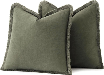 MIULEE Decorative Throw Pillow Covers Neutral Linen Fringe Throw Pillows Set of 2 Natural Beige Boho Farmhouse Cushion Covers with Tassels for Couch Sofa Bed Spring Home Decor 20x20 Inch