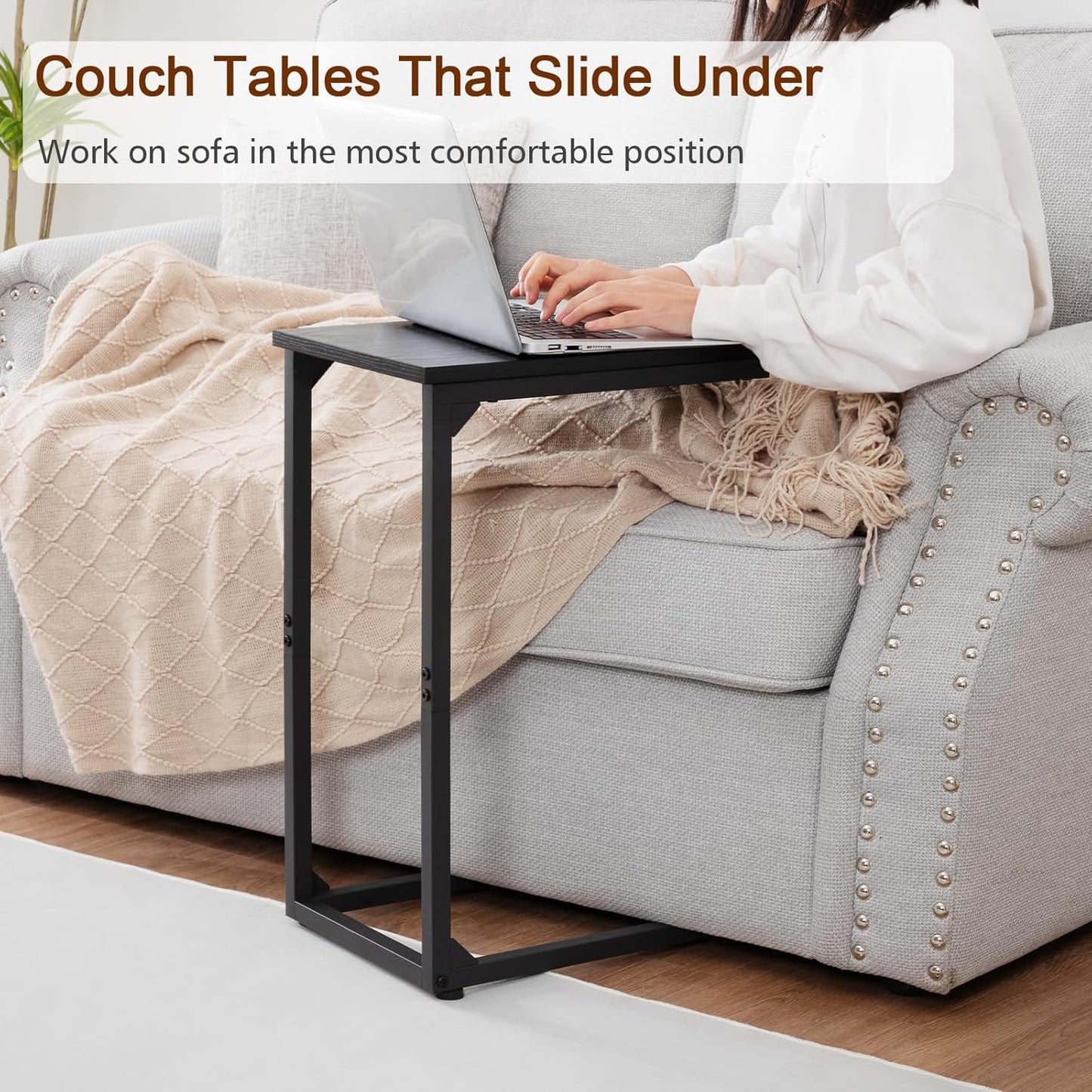 AMHANCIBLE C Shaped Side Table, End Tables Living Room Set of 2, Slide Under Couch Table for Sofa, TV Trays for Bedroom, Small Space, Rustic Brown HET02CBR