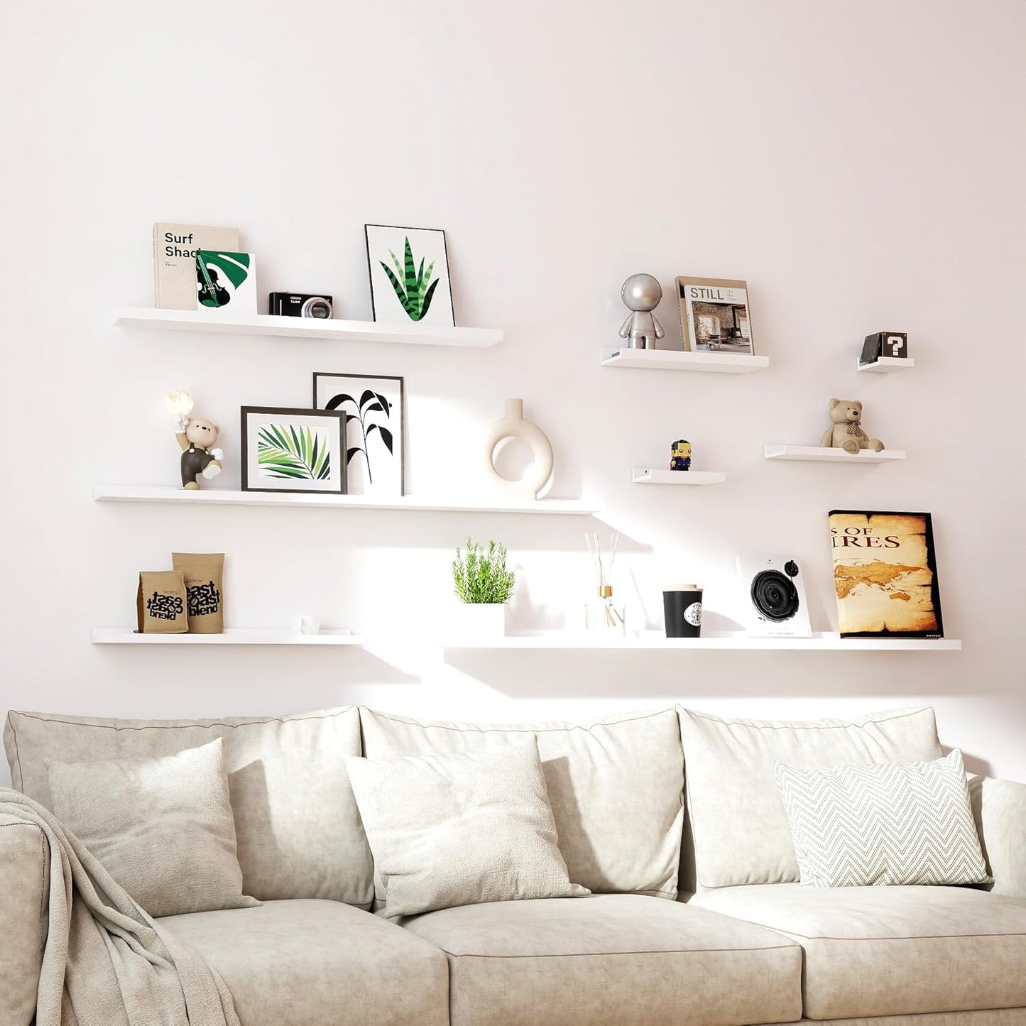 White Floating Shelves for Wall Decor, Wall Mounted Wood Storage Shelf for Bedroom, Living Room, Bathroom, Kitchen, Nursery, Display Picture Ledge Shelf with Lip Set of 2-14 Inches, White